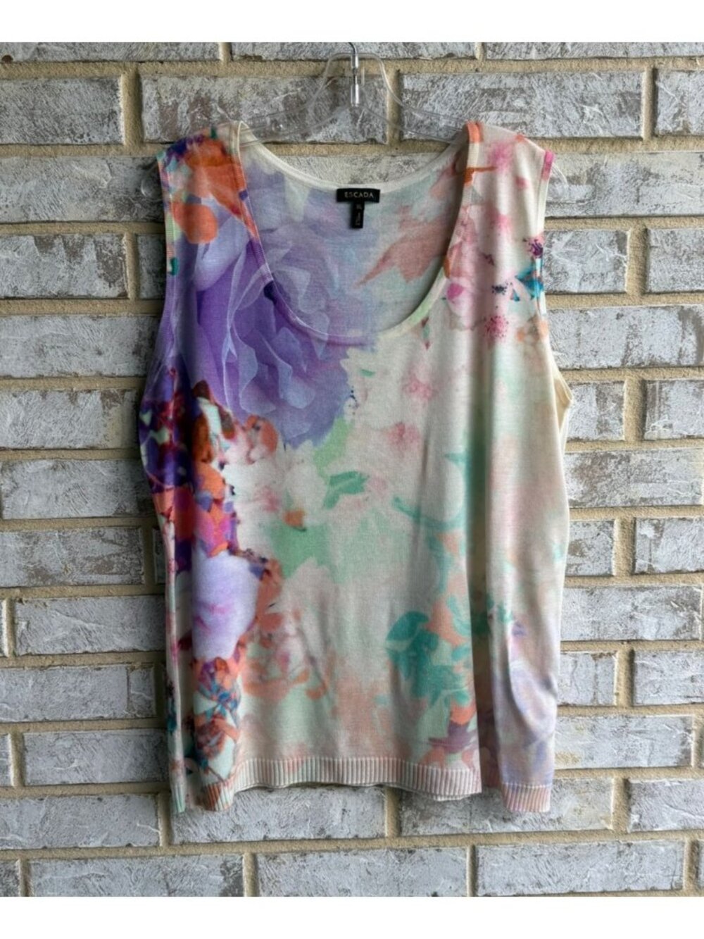 Escada Wool/Silk Sleeveless Scoop Neck Floral Semi-Sheer Tank Top Size XL
